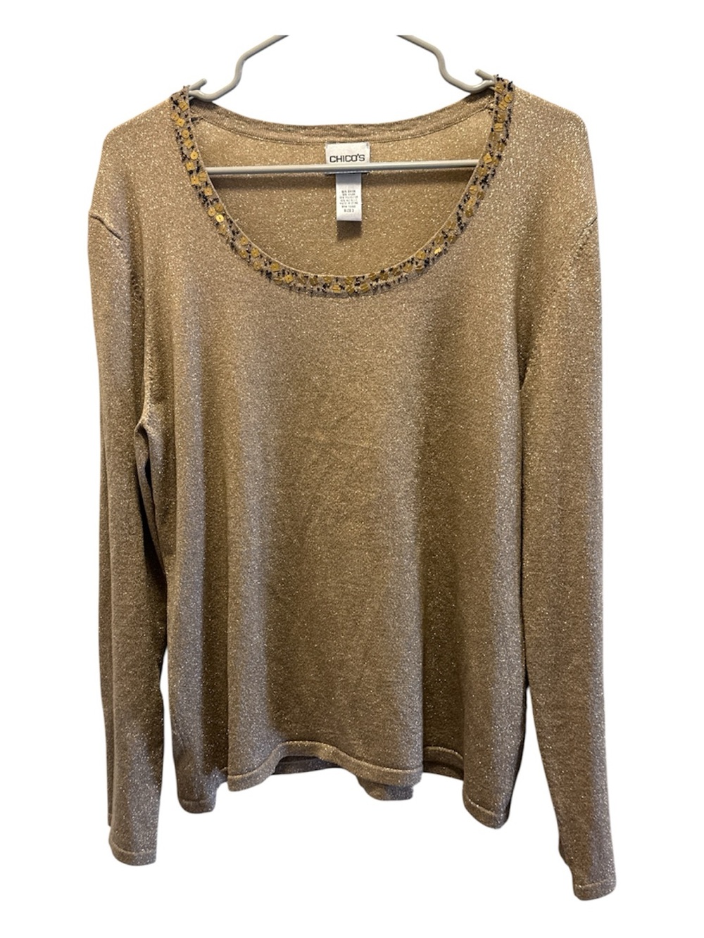 Chico's Metallic Gold Scoop Neck Long-Sleeve Top with Beaded Trim